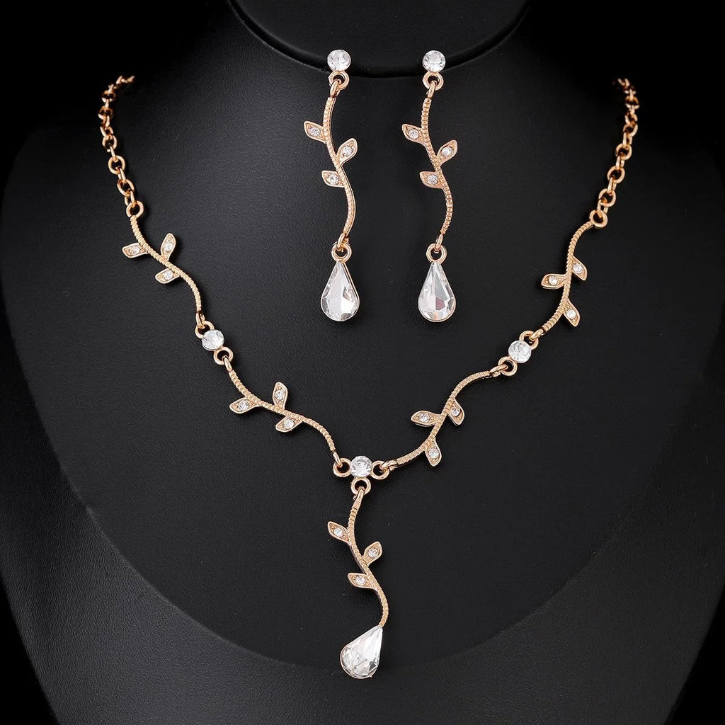 Elegant Silver Branch Leaf Zircon Crystal Teardrop Earrings And Necklace Jewelry Set For Wedding Party Gift