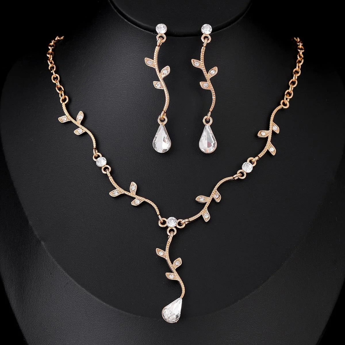 Elegant Silver Branch Leaf Zircon Crystal Teardrop Earrings And Necklace Jewelry Set For Wedding Party Gift