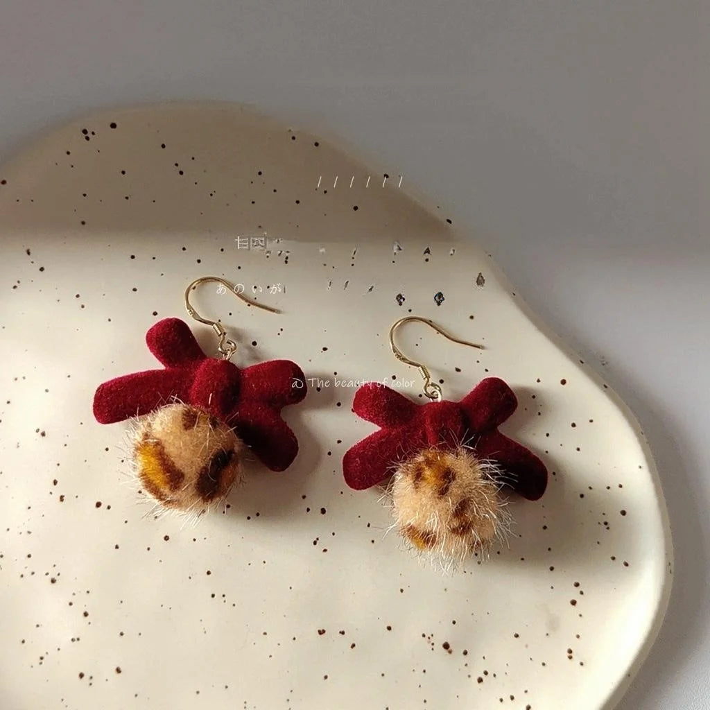 Burgundy Flocked Bow Drop Earrings With Silver Plated Posts Simple Korean Style Pom Pom Jewelry