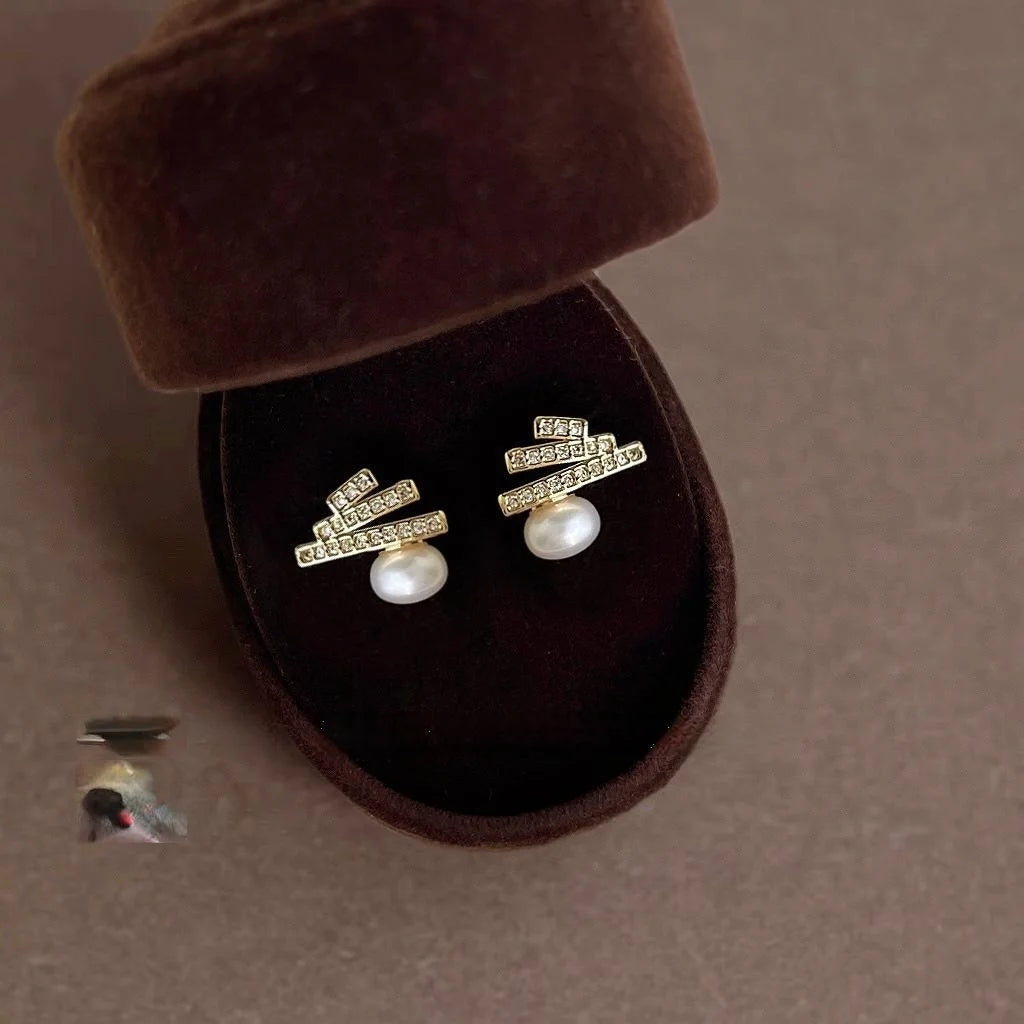 14K Gold Plated Copper Freshwater Pearl Zircon Geometric Line Christmas Tree Stud Earrings