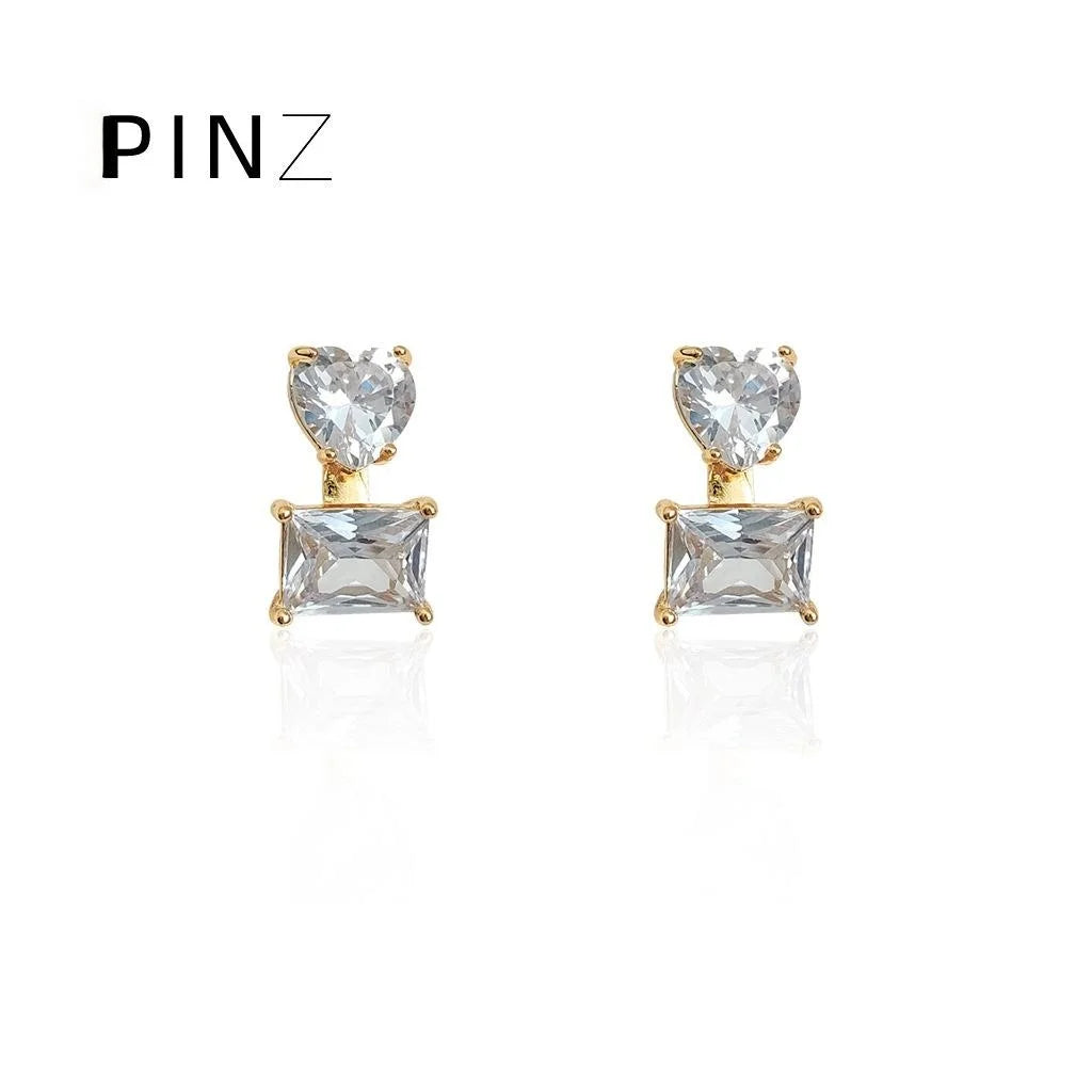 18K Gold Plated Copper Zircon Square Heart Geometric Stud Earrings Minimalist Luxury Jewelry
