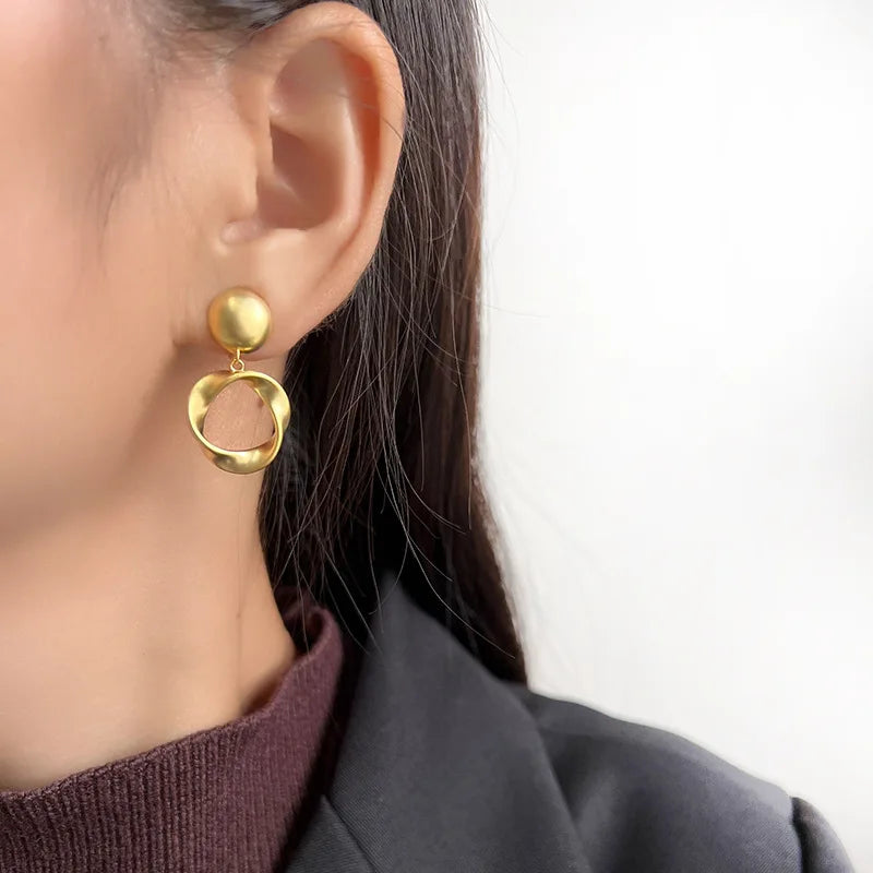 Elegant Matte Gold Alloy Twisted Circle Hoop Drop Stud & Clip On No Piercing Geometric Earrings