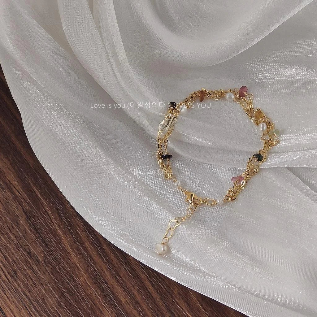 14K Gold Plated Copper Handmade Woven Freshwater Pearl Chip Geometric Bracelet For Women