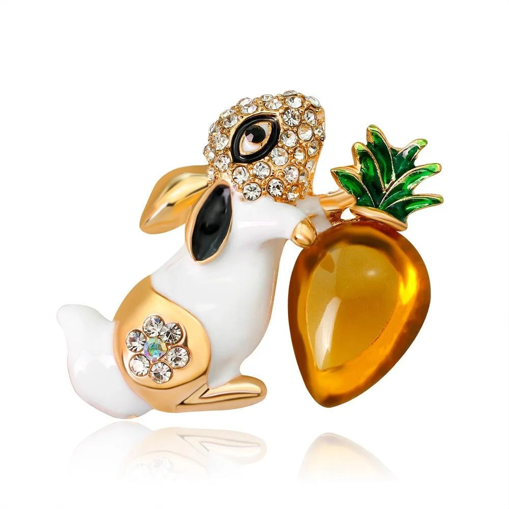 Cute Cartoon Rabbit Brooch With Rhinestone Enamel Carrot, Alloy Women's Lapel Pin Corsage Gift