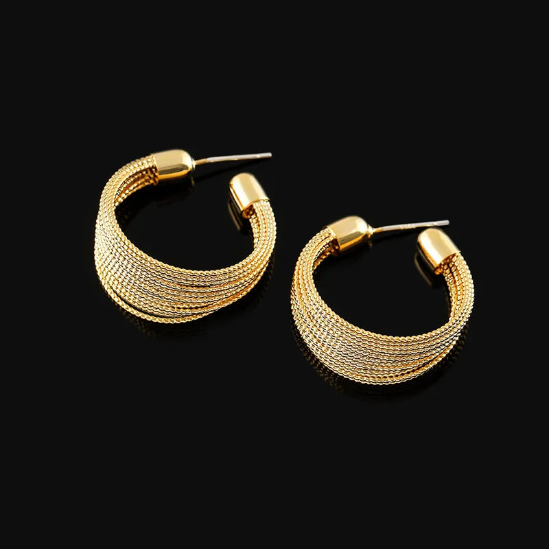Elegant Gold Alloy Multi Layer Spiral Hoop Stud & Clip On No Piercing Chain Tassel Huggie Earrings