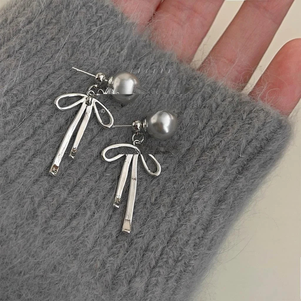 Niche Designer Bow Pearl Drop Earrings Copper Two Way Wear Fashion Jewelry