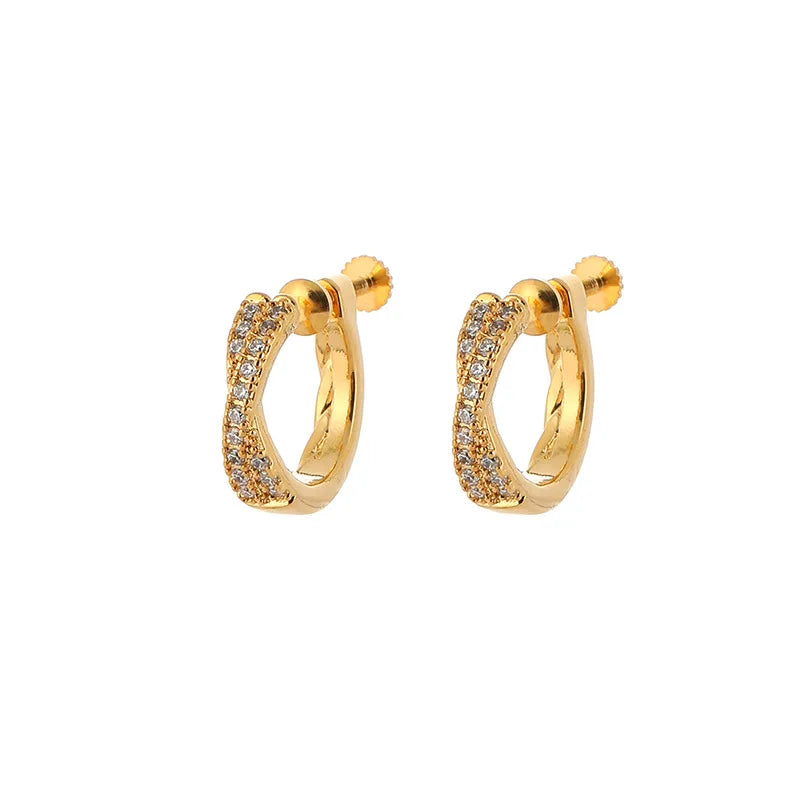 Elegant Gold Alloy Micro Pave Zircon Cross Small Huggie Hoop Stud & Clip On No Piercing Earrings
