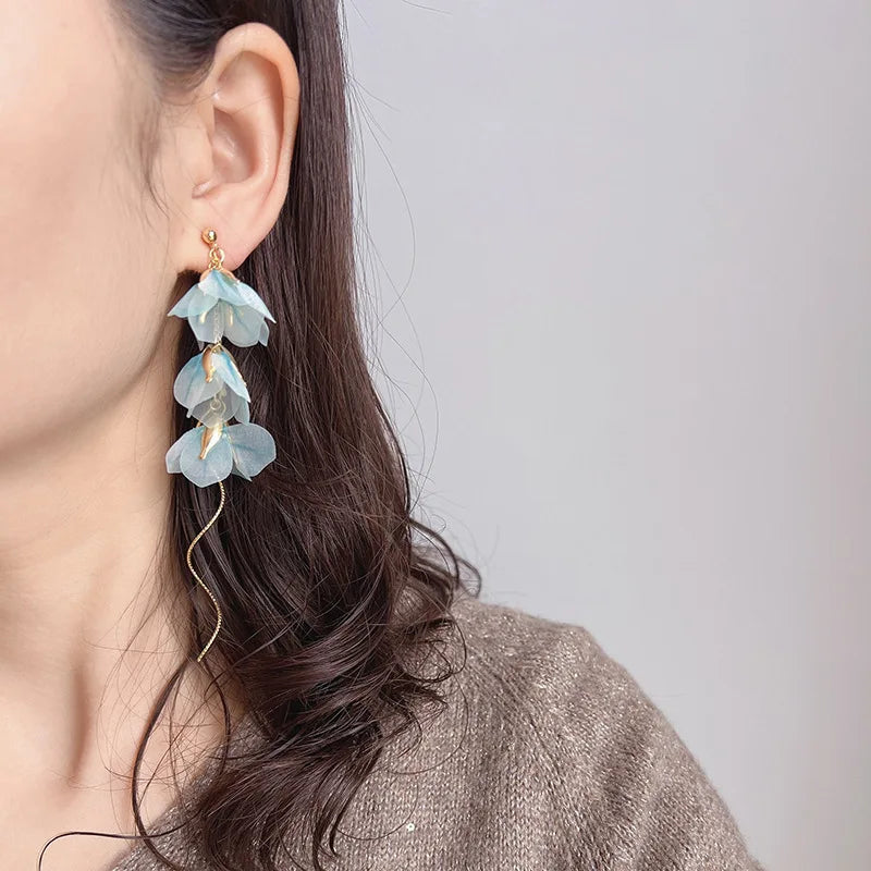 Elegant Light Blue Fabric Flower Alloy Chain Tassel Stud & Clip On No Piercing Vacation Drop Earrings