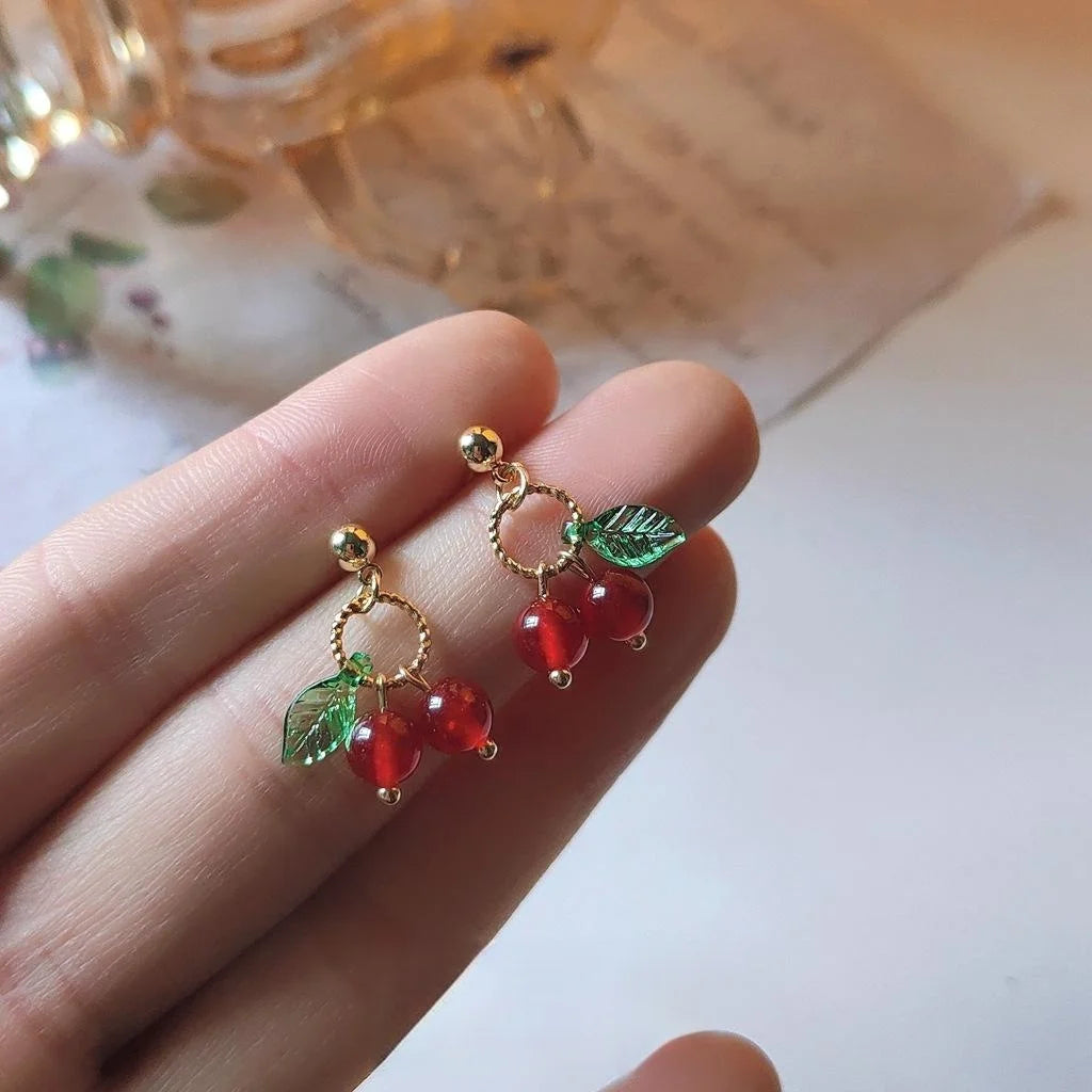 Sweet Cherry Copper Stud Earrings Handmade Forest Style Silver Plated Pin Jewelry