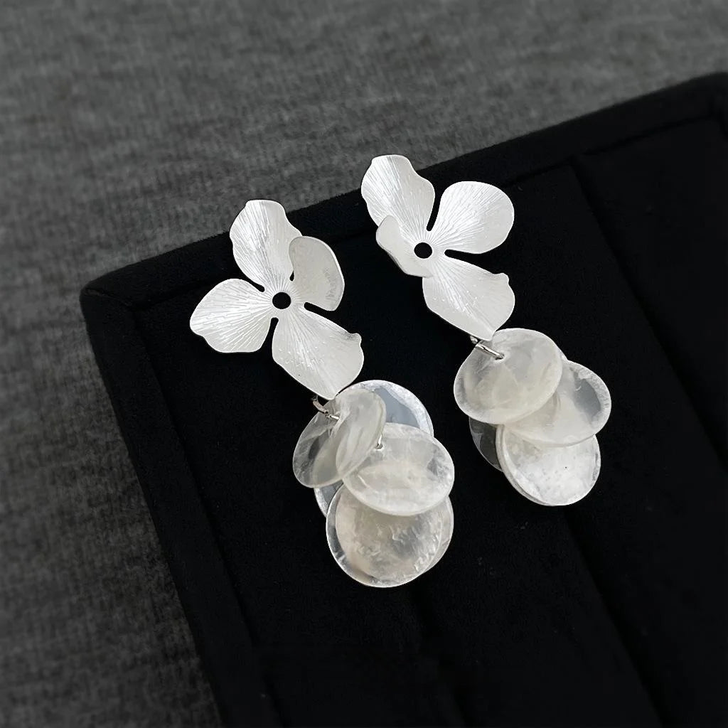 Real Shell Matte Silver Plated Floral Tassel Drop Earrings Fresh Vacation Style