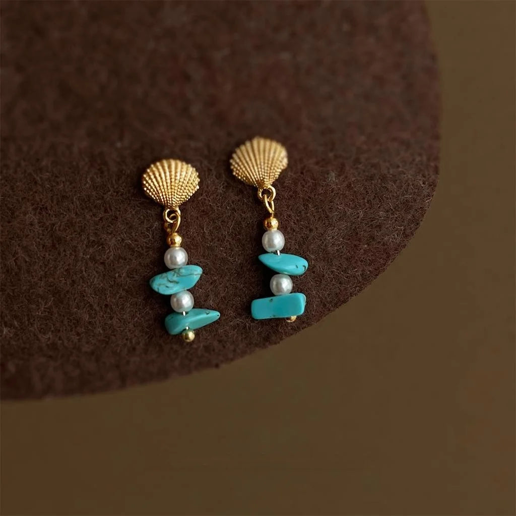 Original Designer Synthetic Turquoise Beaded Shell Pearl Eco Copper Boho Drop Earrings