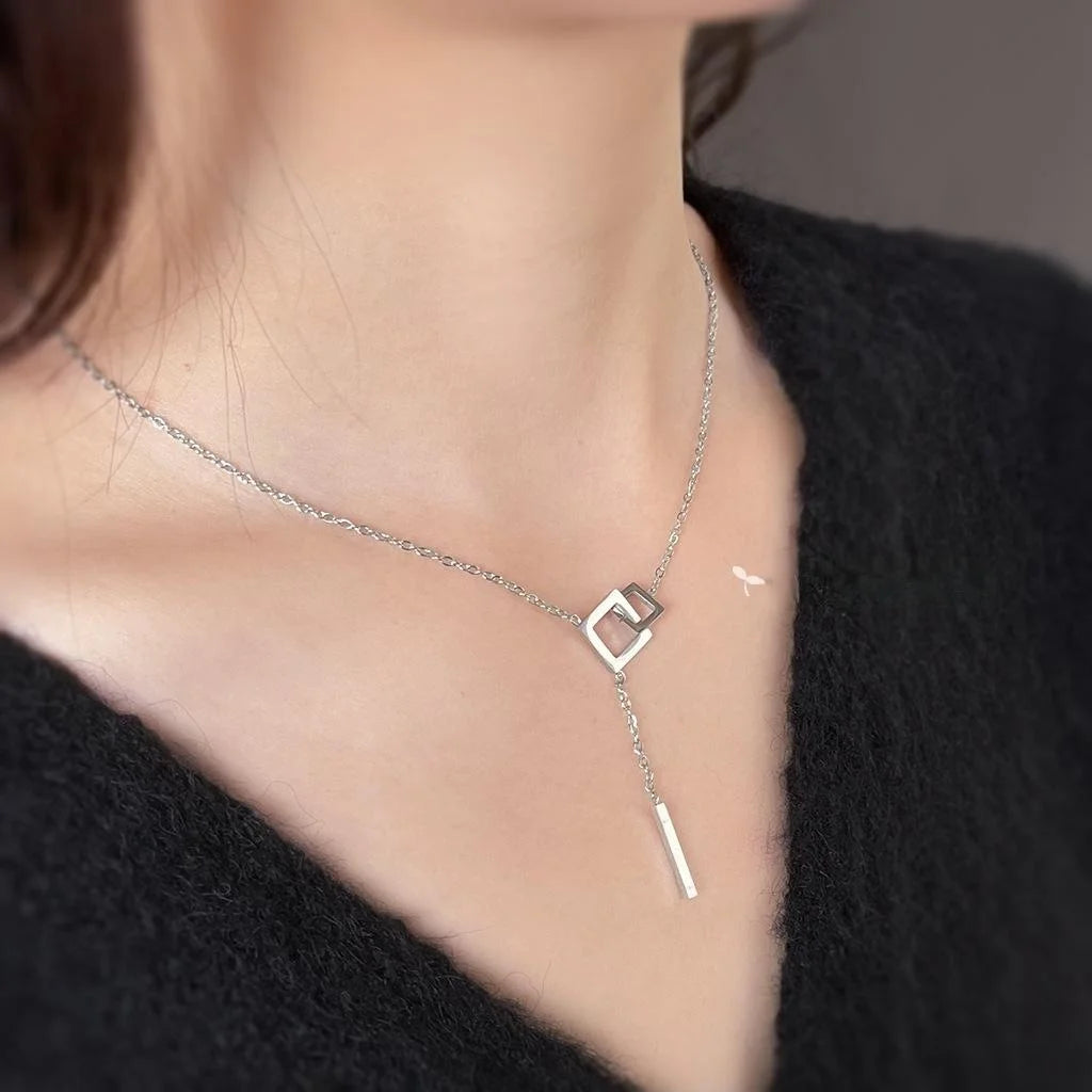 Korean Style Geometric Square Stainless Steel And Copper Light Luxury Clavicle Necklace