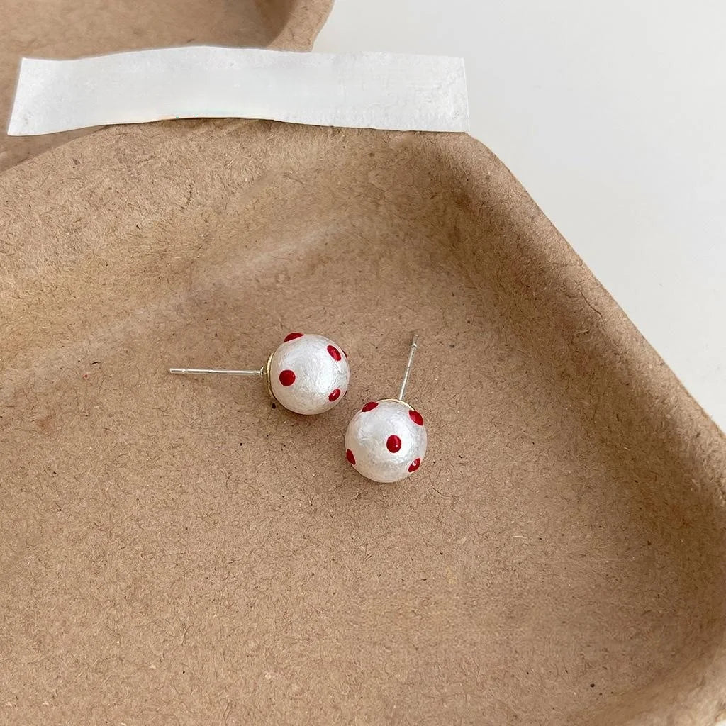 Minimalist French Polka Dot Cotton Pearl Stud Earrings Copper Round Geometric Jewelry