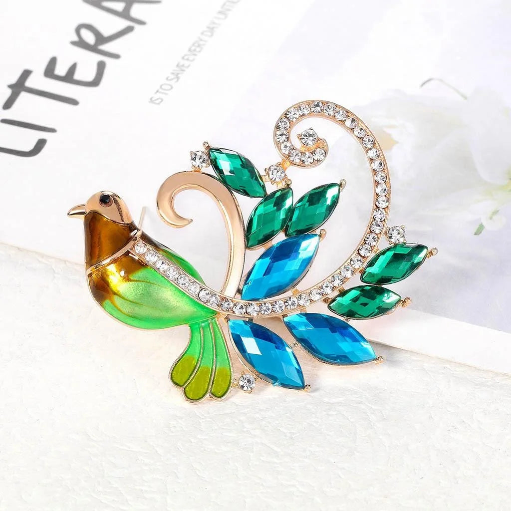 Elegant Green Phoenix Bird Brooch With Rhinestone Enamel Alloy Lapel Pin Corsage For Evening Dress Gift