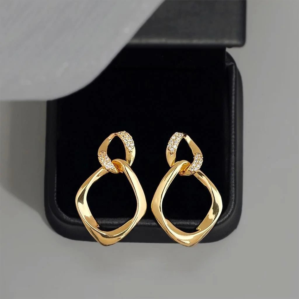 Old Money Copper Zircon Micro Pave Double Layer Geometric Hollow Drop Earrings