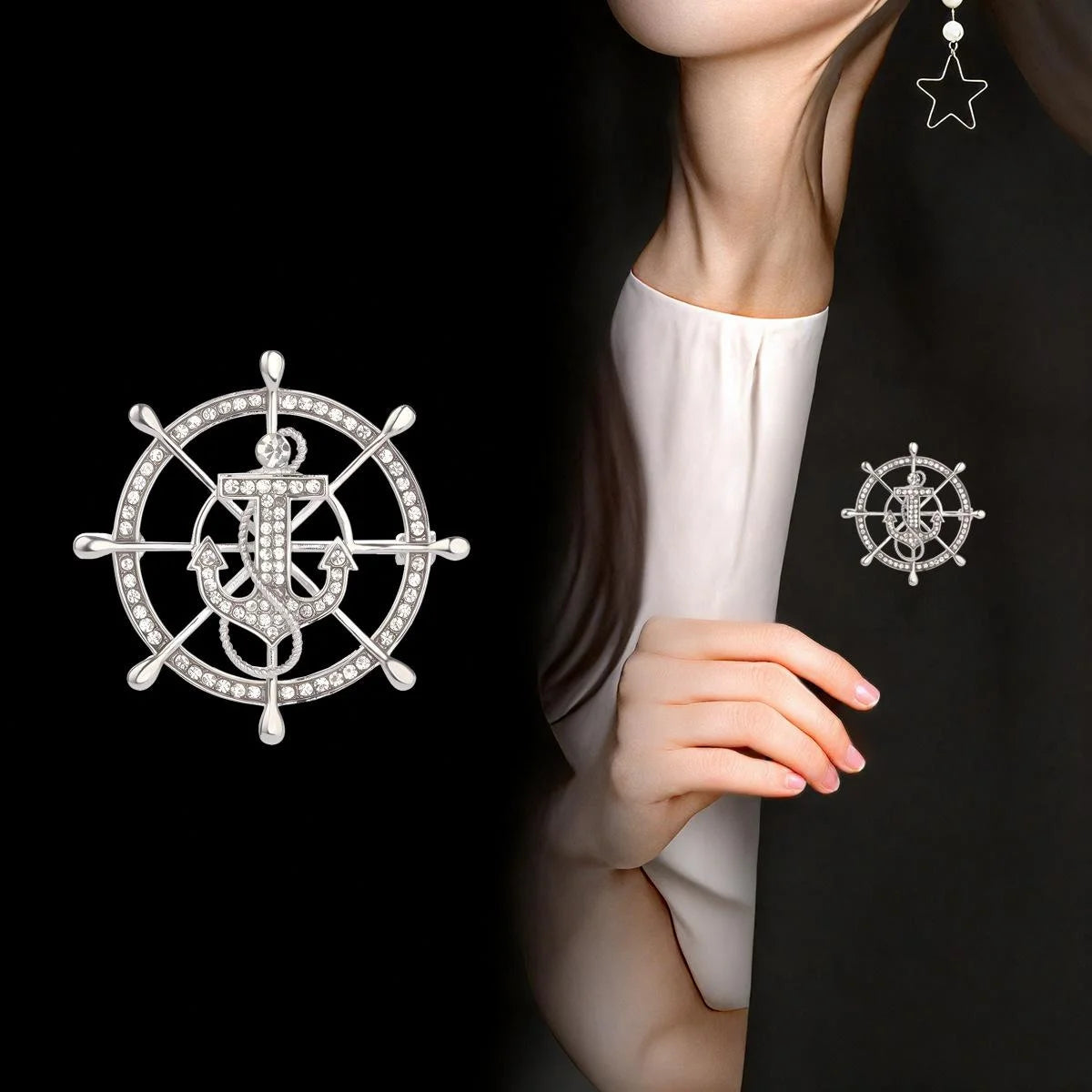 Luxury Rhinestone Alloy Ship Wheel And Anchor Brooch, Nautical Chain Lapel Pin Suit Accessory Gift