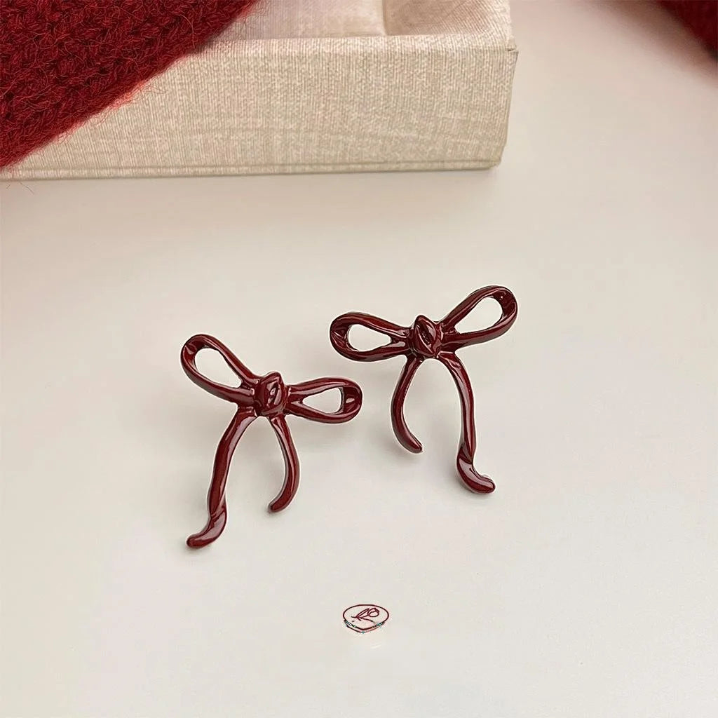 Burgundy Enamel Bow Drop Earrings Copper Fashion OL Jewelry