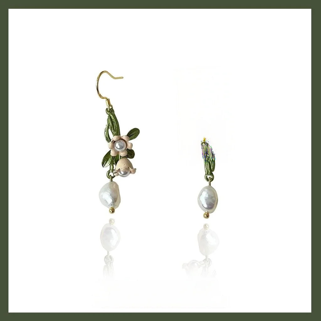 Freshwater Pearl Silver Plated Lily Of The Valley Asymmetric Drop Earrings French Handmade Jewelry