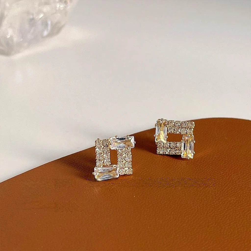 Micro Pave Zircon Copper Stud Earrings Minimalist Hollow Square Geometric Light Luxury Jewelry