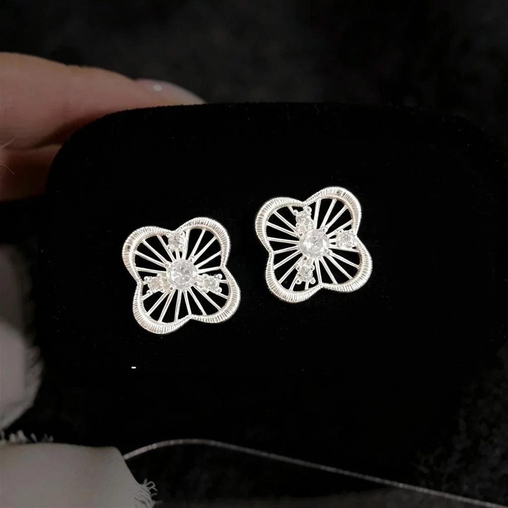 Light Luxury Micro Pave Zircon Copper 3D Hollow Flower Stud Earrings With Silver Plated Pins