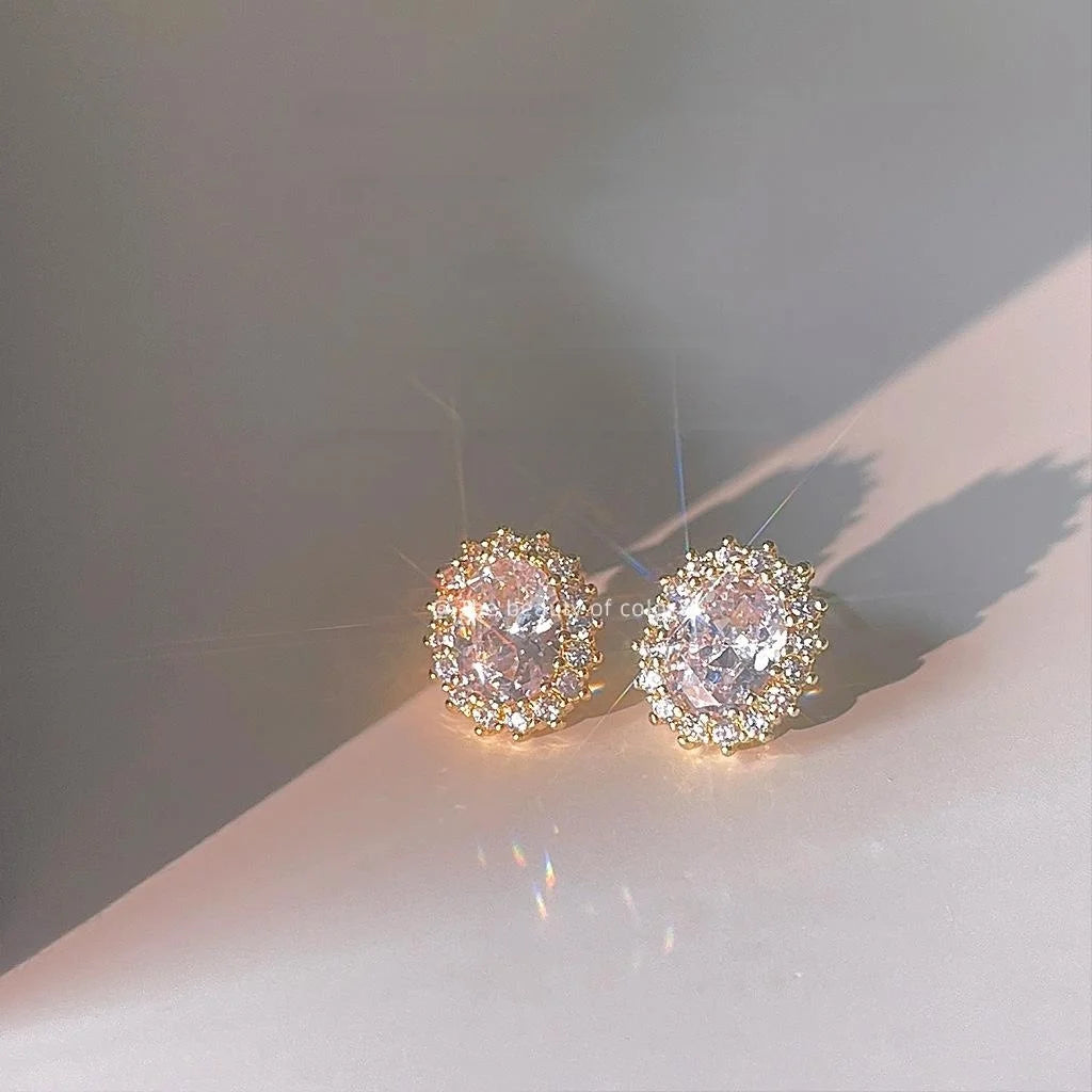 14K Gold Plated Copper Irregular Oval Micro Pave Zircon Stud Earrings