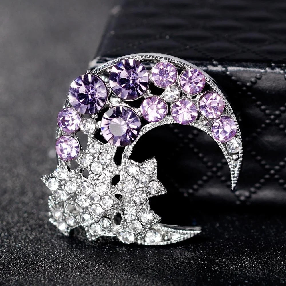 Elegant Blue Rhinestone Crescent Moon Star Alloy Brooch For Women, Sparkling Lapel Pin Corsage Gift