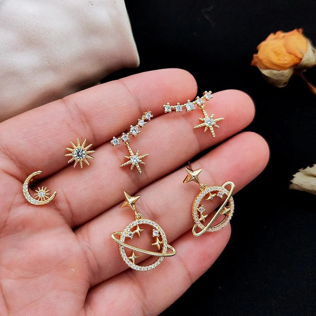 14K Gold Plated Zircon Star Moon Asymmetric Micro Pave Stud Earrings For Women