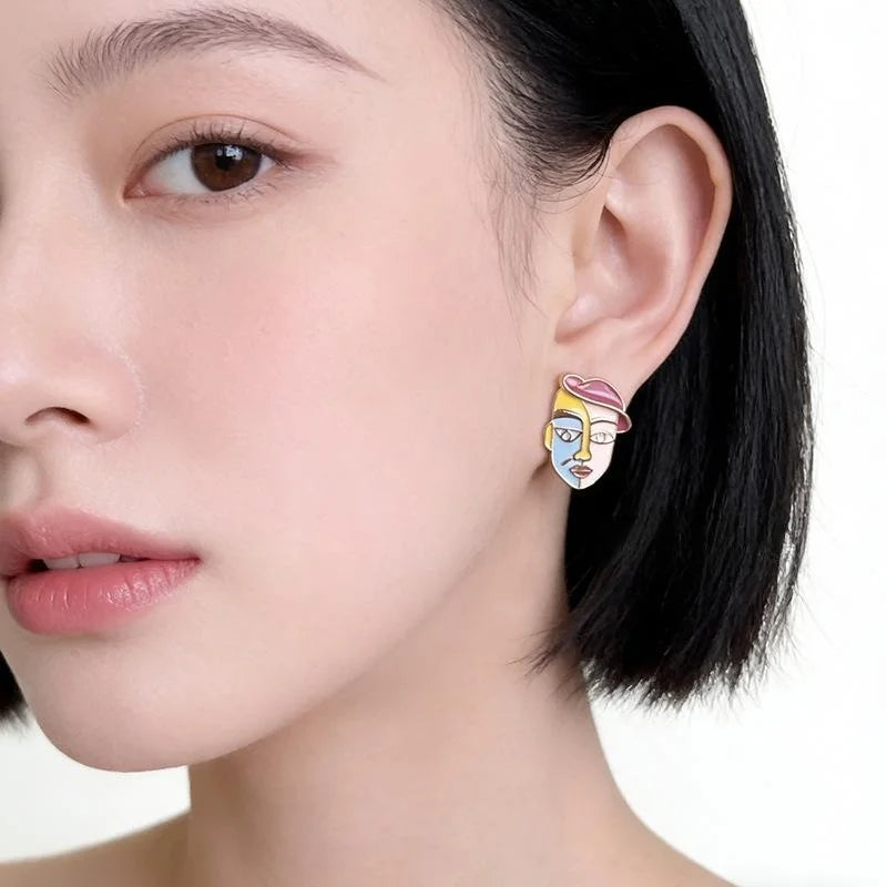 Hand Painted Cartoon Portrait Geometric Eco-Friendly Copper Stud Earrings Niche Designer