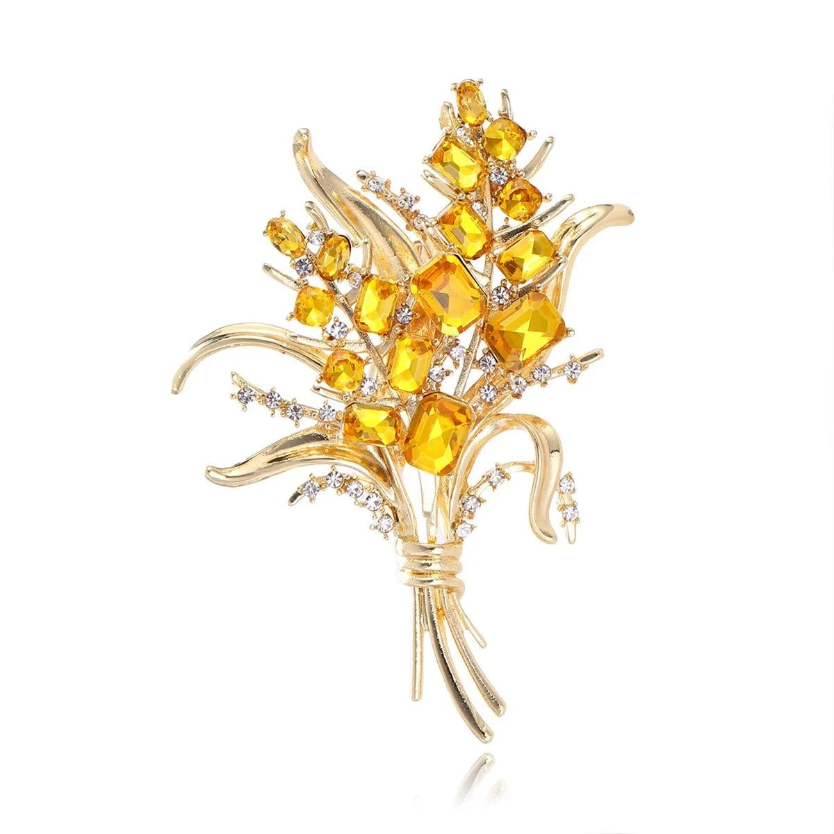 Luxury Wheat Bouquet Brooch With Yellow Rhinestones, Gold Alloy Elegant Lapel Pin Corsage Suit Accessory Gift