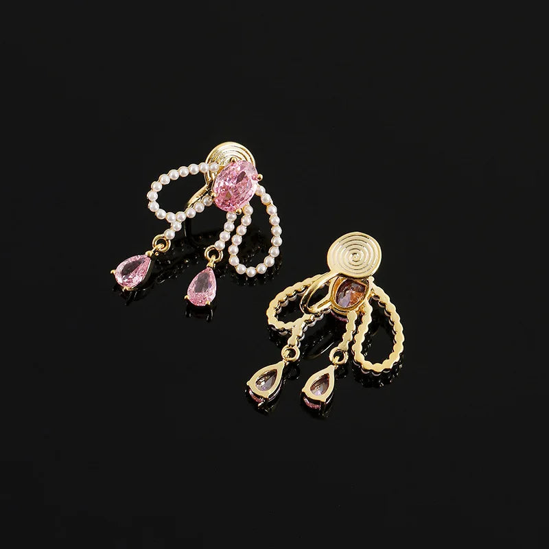 Elegant Pink Zircon And Faux Pearl Bow Tassel Alloy Stud & Clip On No Piercing Bridal Party Earrings
