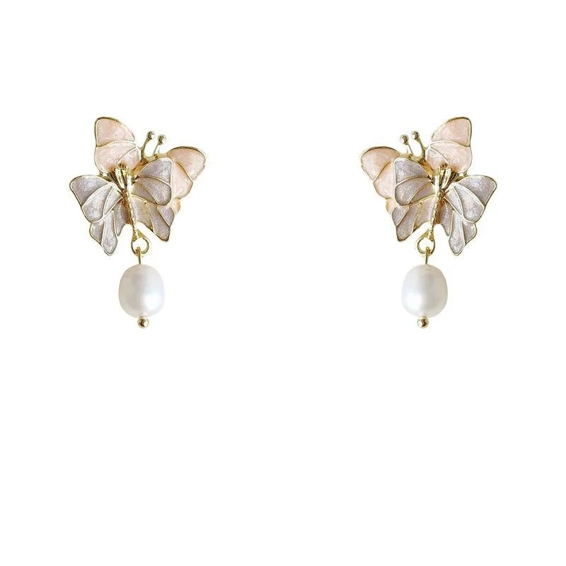 Sweet Purple Butterfly Freshwater Pearl Drop Earrings With Silver Plated Pins Alloy Jewelry