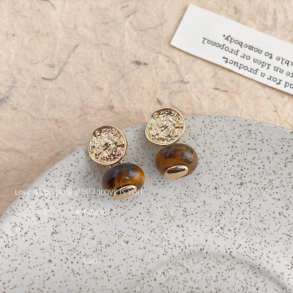 Vintage Geometric Oval Tiger Eye Stone Drop Earrings With 14K Plated