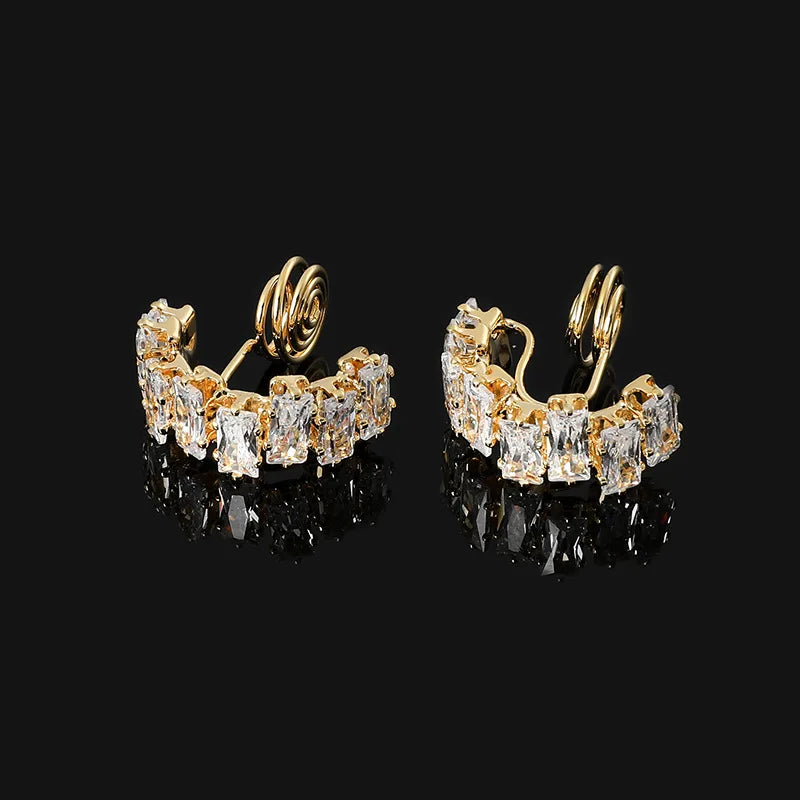 Elegant Square Zircon Spiral Cuff Hoop Stud & Clip On No Piercing Silver Needle Women's Earrings
