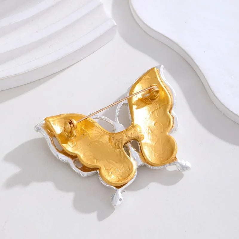 Elegant Double Layer Butterfly Brooch With White Rhinestones And Gold Enamel, Luxury Lapel Pin Corsage Gift