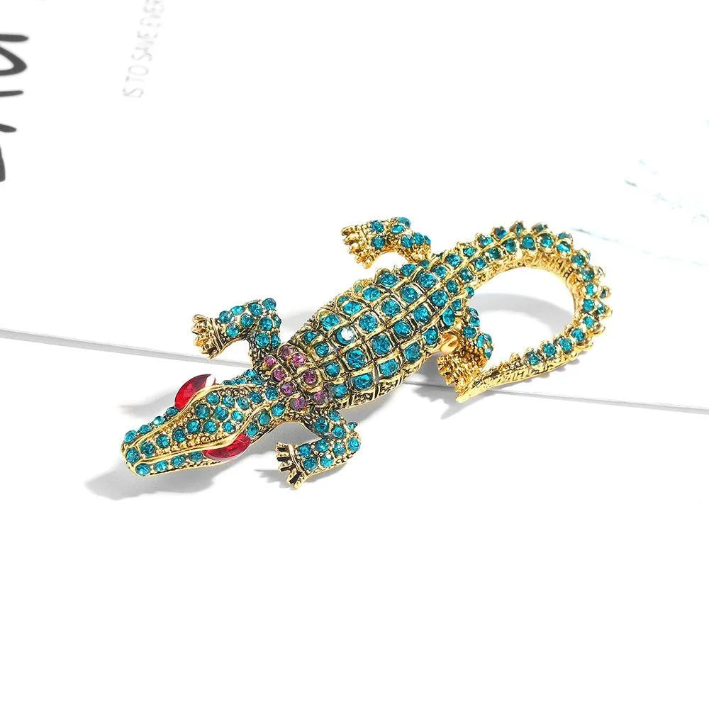Luxury Blue Rhinestone Crocodile Brooch, Gold Tone Alloy Animal Lapel Pin Corsage Suit Accessory Gift