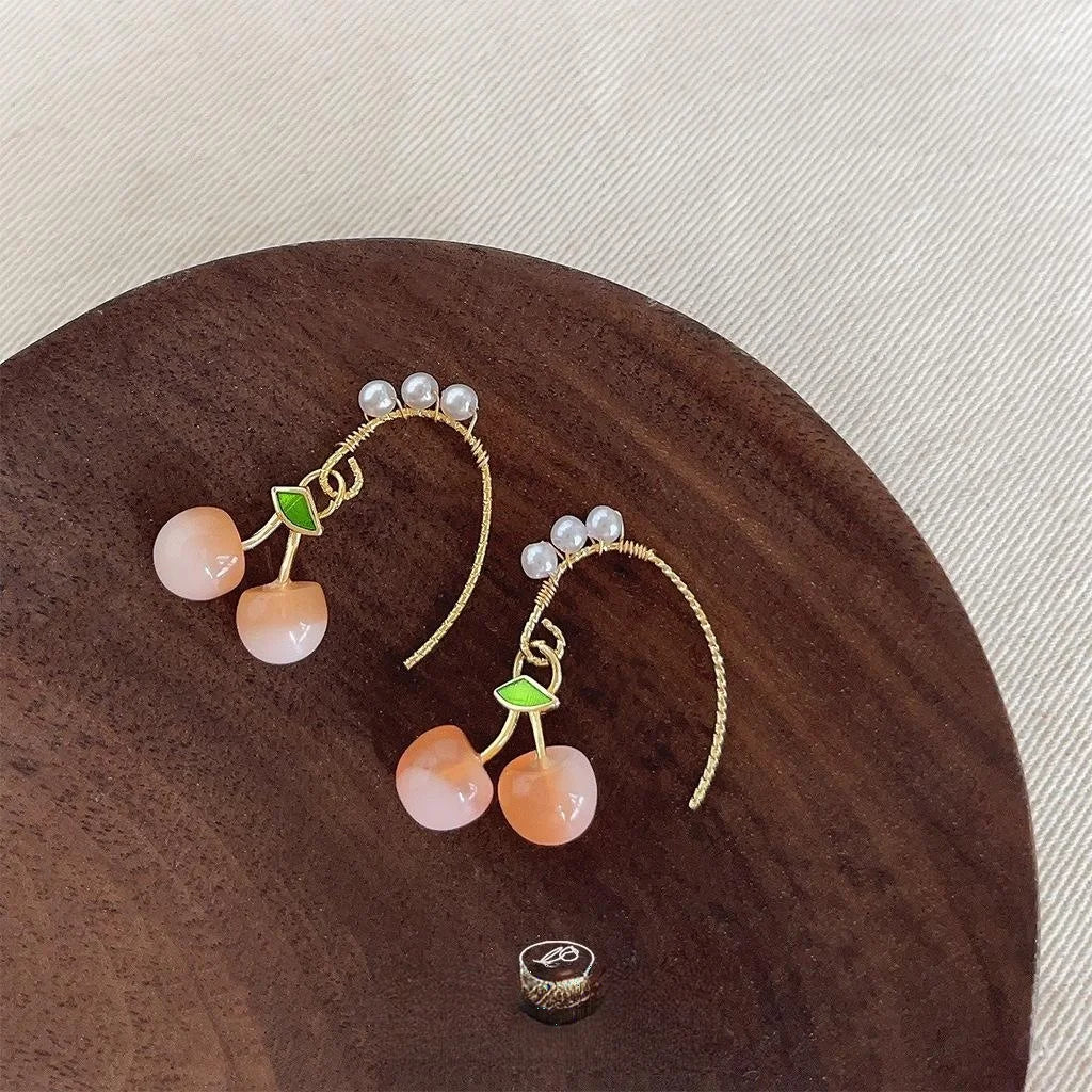 Handmade Cherry Drop Earrings With Copper And Lustrous Pearl Sweet Pastoral Fruit Jewelry