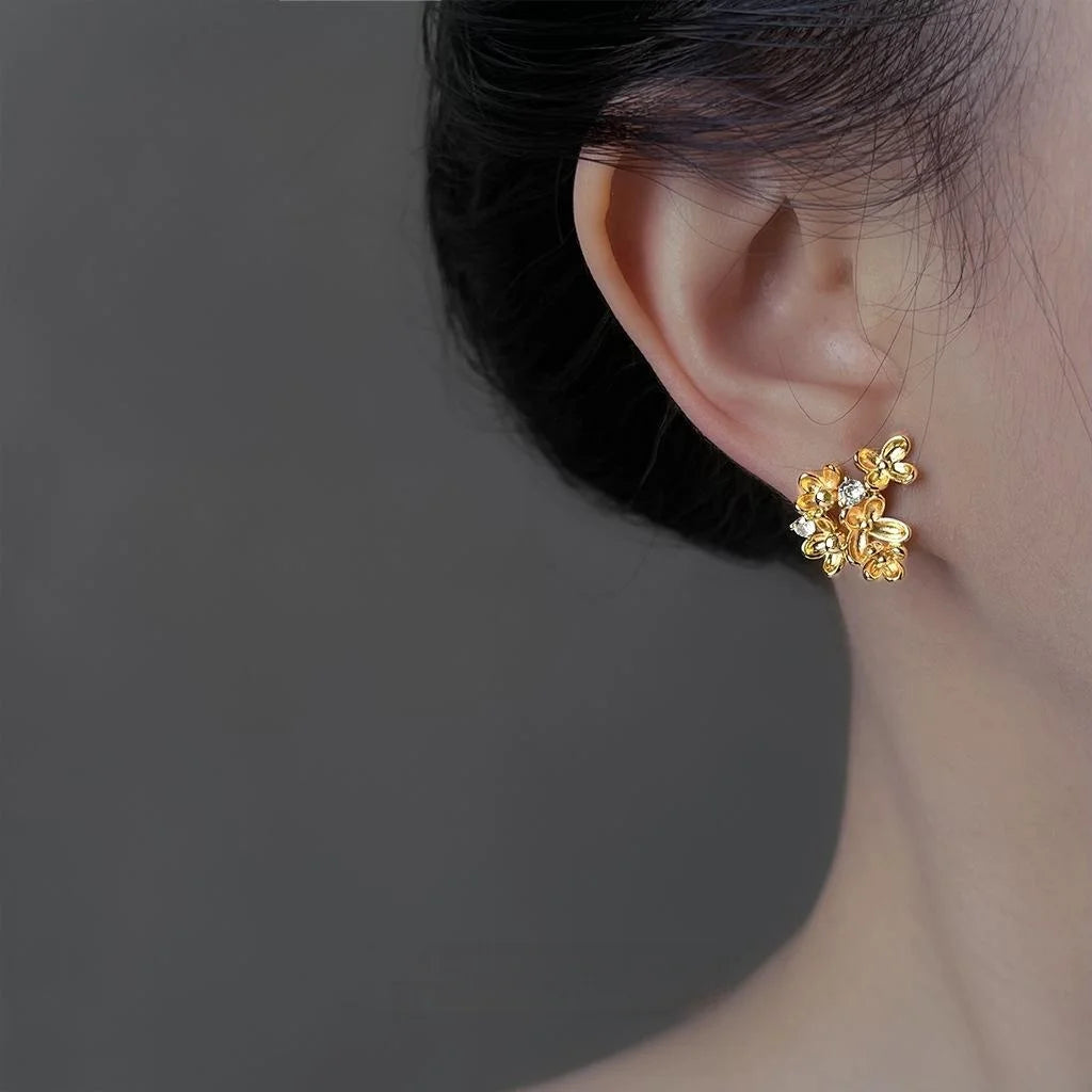 Designer Osmanthus Flower Stud Earrings Copper Zircon Petal Silver Plated Pin Luxury Jewelry