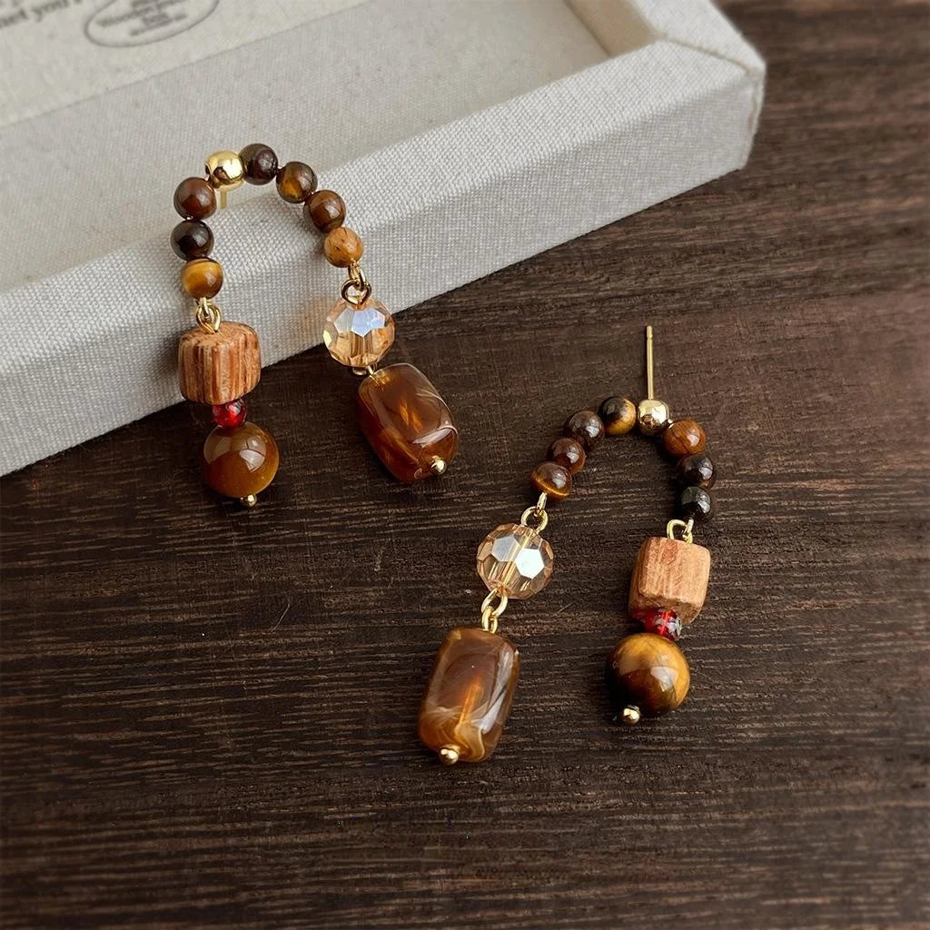Maillard Style Handmade Copper Tiger Eye Rosewood Glass Crystal Geometric Drop Earrings