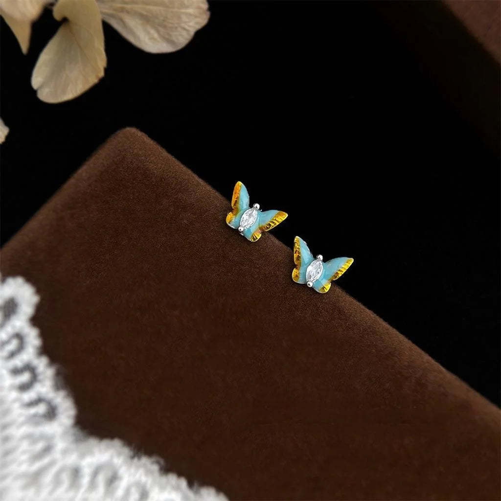 Vintage Enamel Gradient Haze Blue Mini Butterfly Stud Earrings Copper