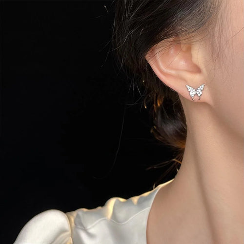 Minimalist Copper Micro Pave Zircon Butterfly Stud Earrings For Women Cartilage Jewelry