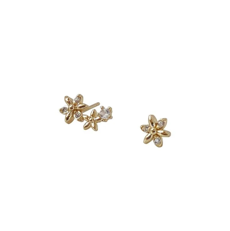 Gold Plated Copper Asymmetric Zircon Flower Stud Earrings With Silver Plated Pins, Fresh Minimalist