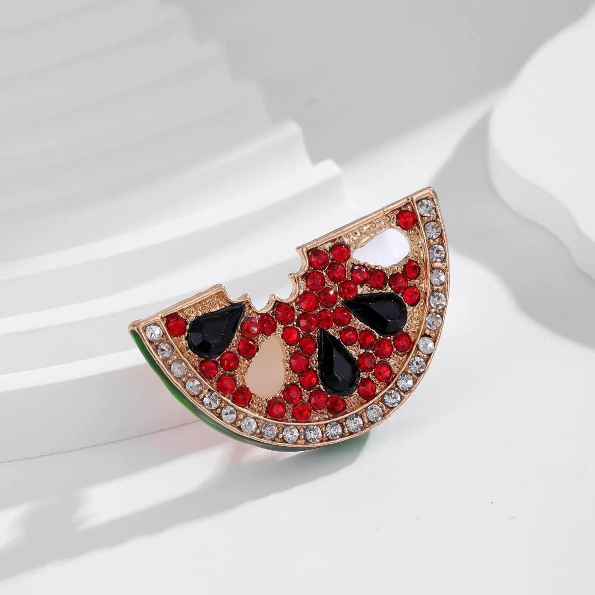 Luxury Alloy Enamel Watermelon Slice Brooch With Rhinestone Zircon, Women's Lapel Pin Corsage Suit Accessory