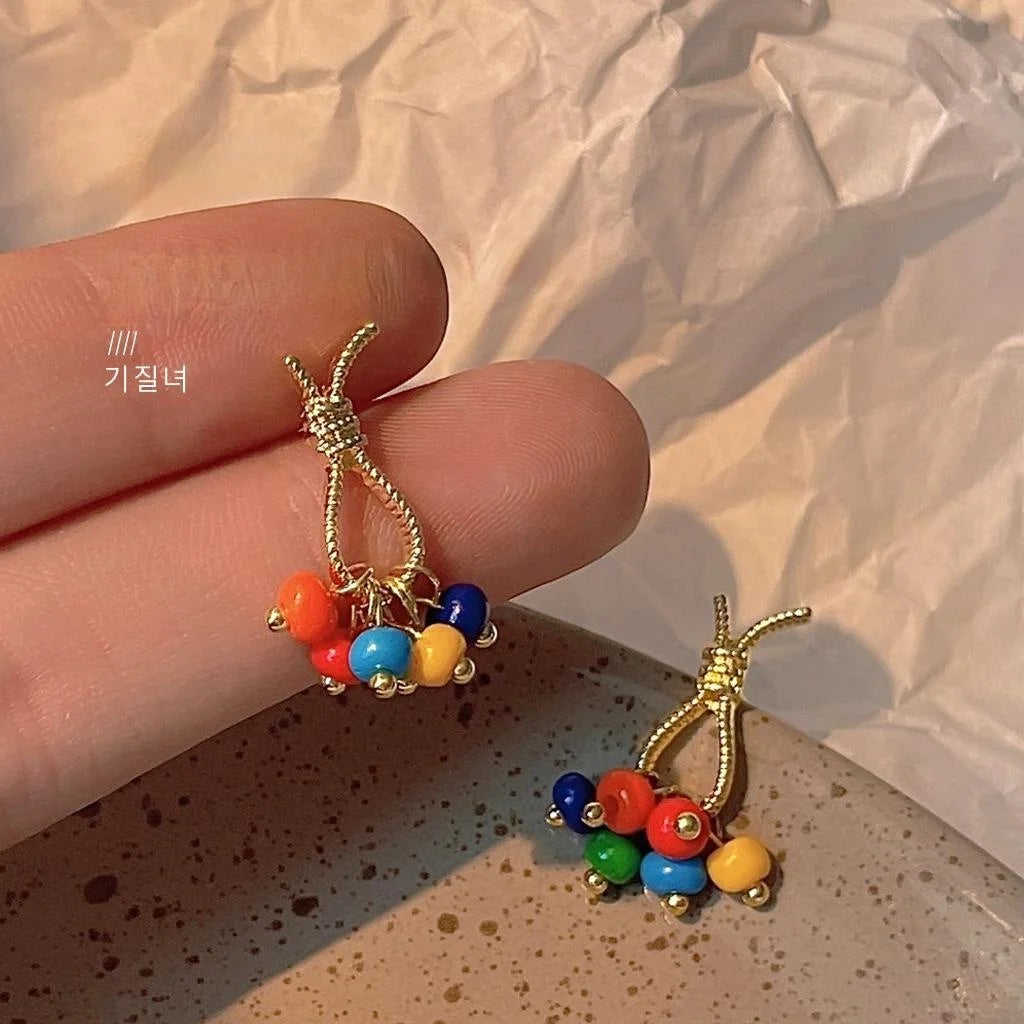 Ethnic Style Copper Stud Earrings With Colorful Glass Beads Rope Knot Geometric Vacation Design