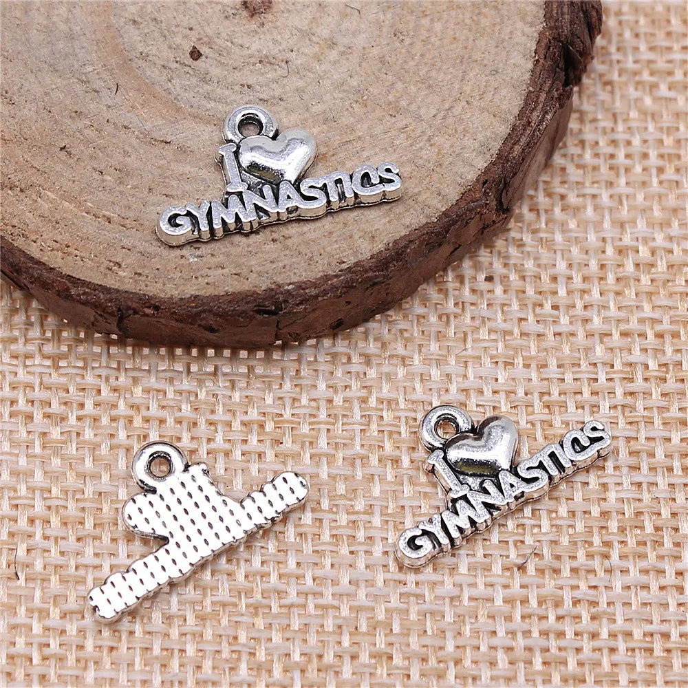 20x11mm 0.9g Antique Silver Zinc Alloy I Love Gymnastics Charm Pendant for DIY Sports Jewelry