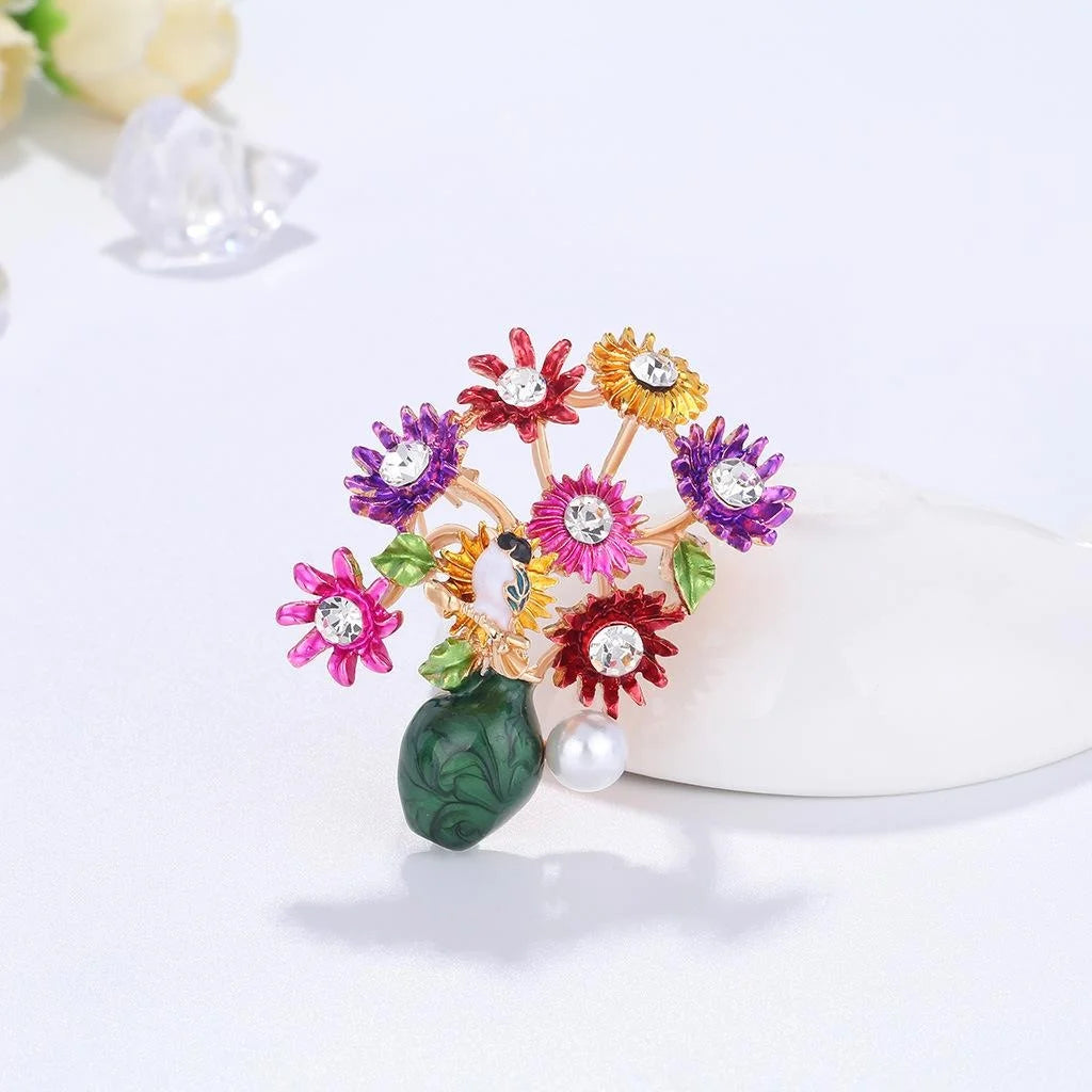 Elegant Enamel Daisy Bouquet Vase Brooch With Rhinestones And Pearl, Alloy Floral Lapel Pin Suit Accessory Gift