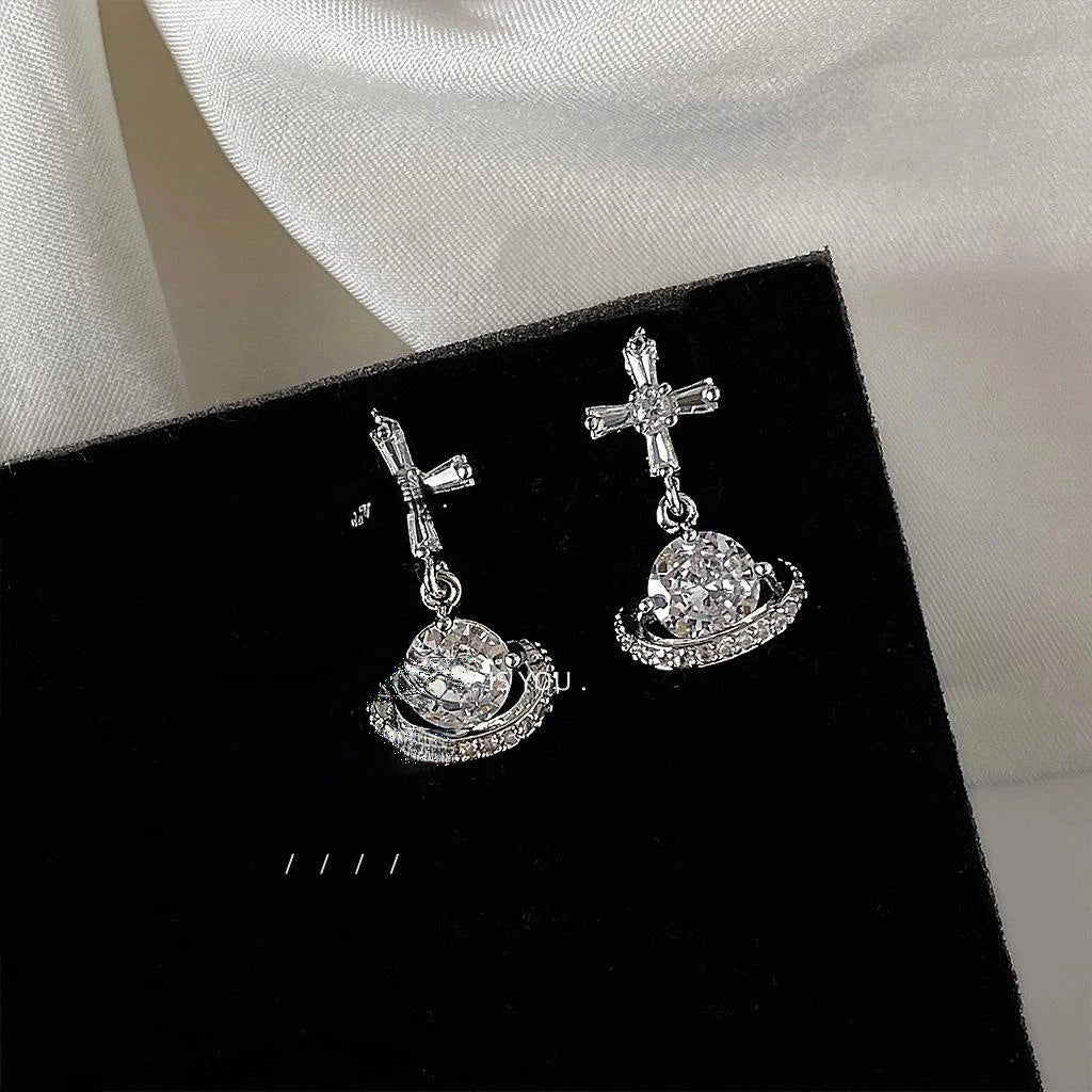 Micro Pave Zircon Planet Stud Earrings Silver Plated Copper Geometric Sweet Cool Jewelry