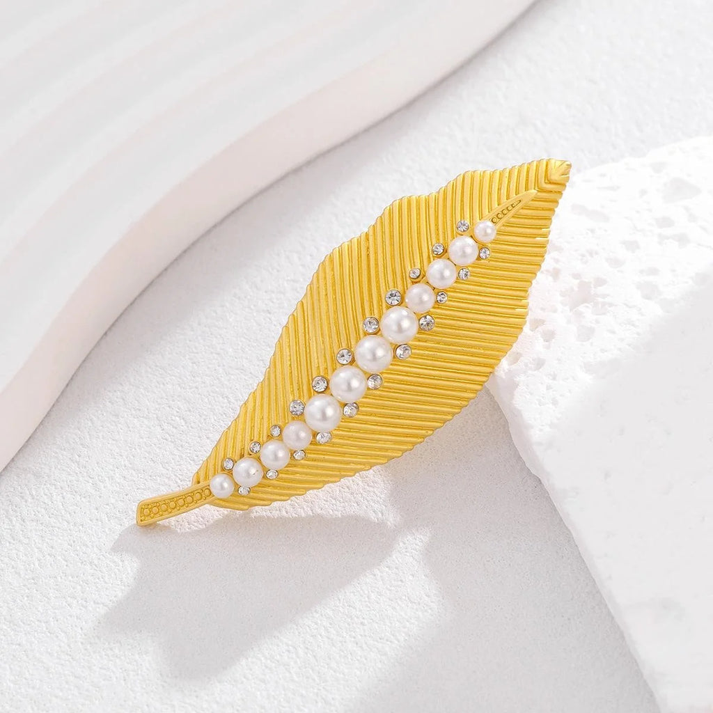 Elegant Gold Leaf Brooch With Pearl And Rhinestone Accents, Luxury Alloy Lapel Pin Suit Accessory Gift