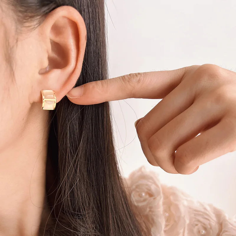 Elegant Curved Square Cat Eye Stone Alloy Stud & Clip On No Piercing French Commuter Earrings