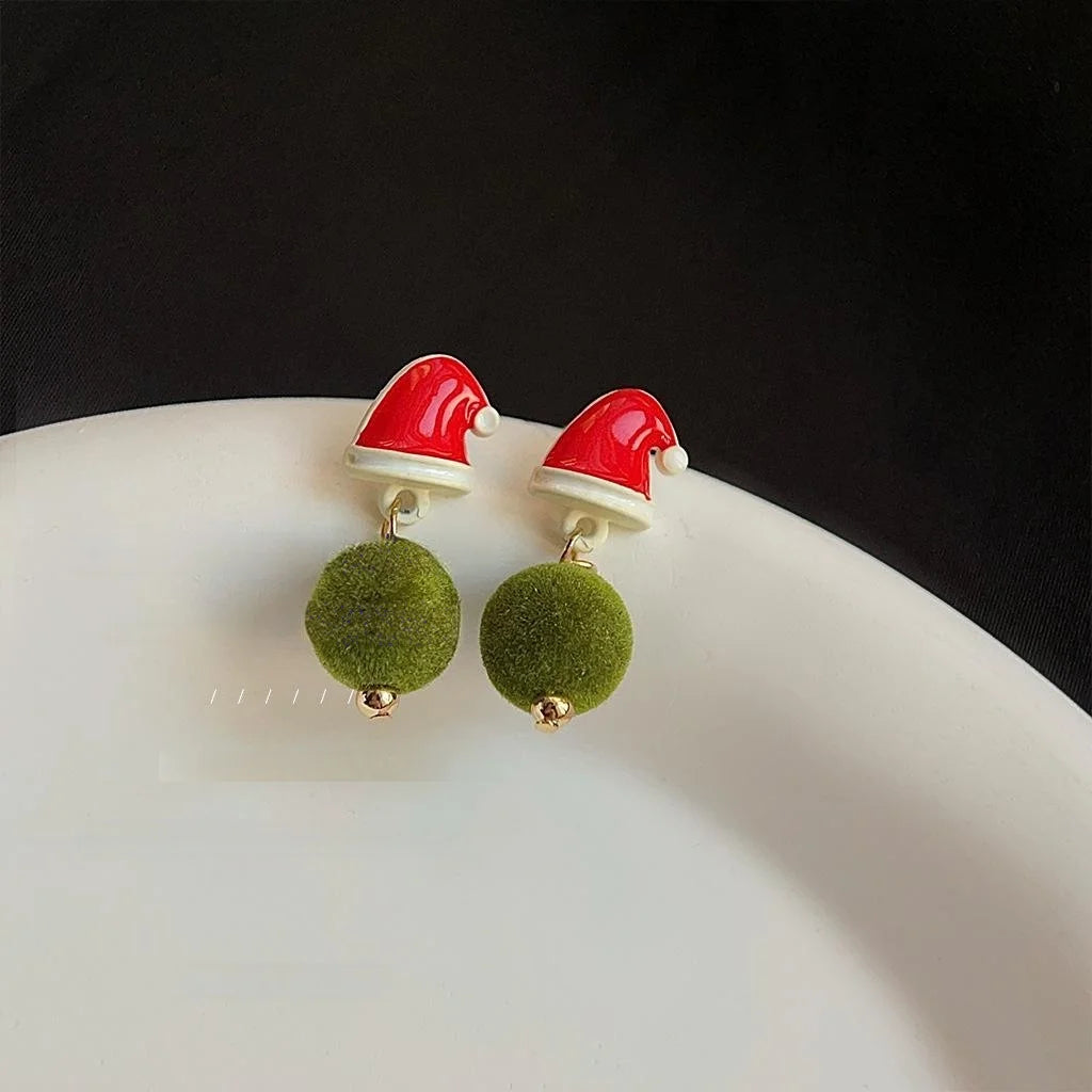 Premium Copper Christmas Santa Hat Pom Pom Drop Earrings Festive Green Red Winter Jewelry