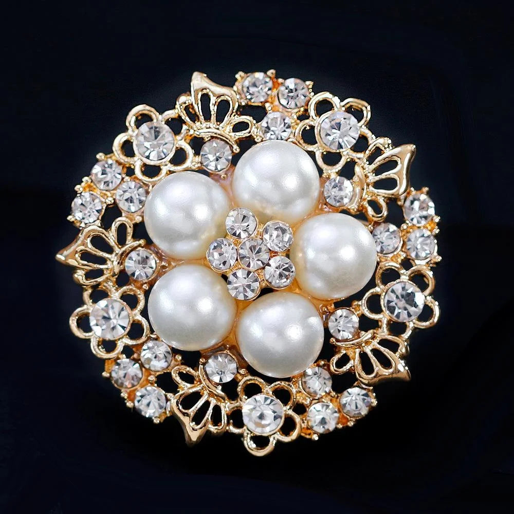 Elegant Floral Alloy Brooch With Faux Pearl And Rhinestone Cluster, Women's Lapel Pin Corsage Gift